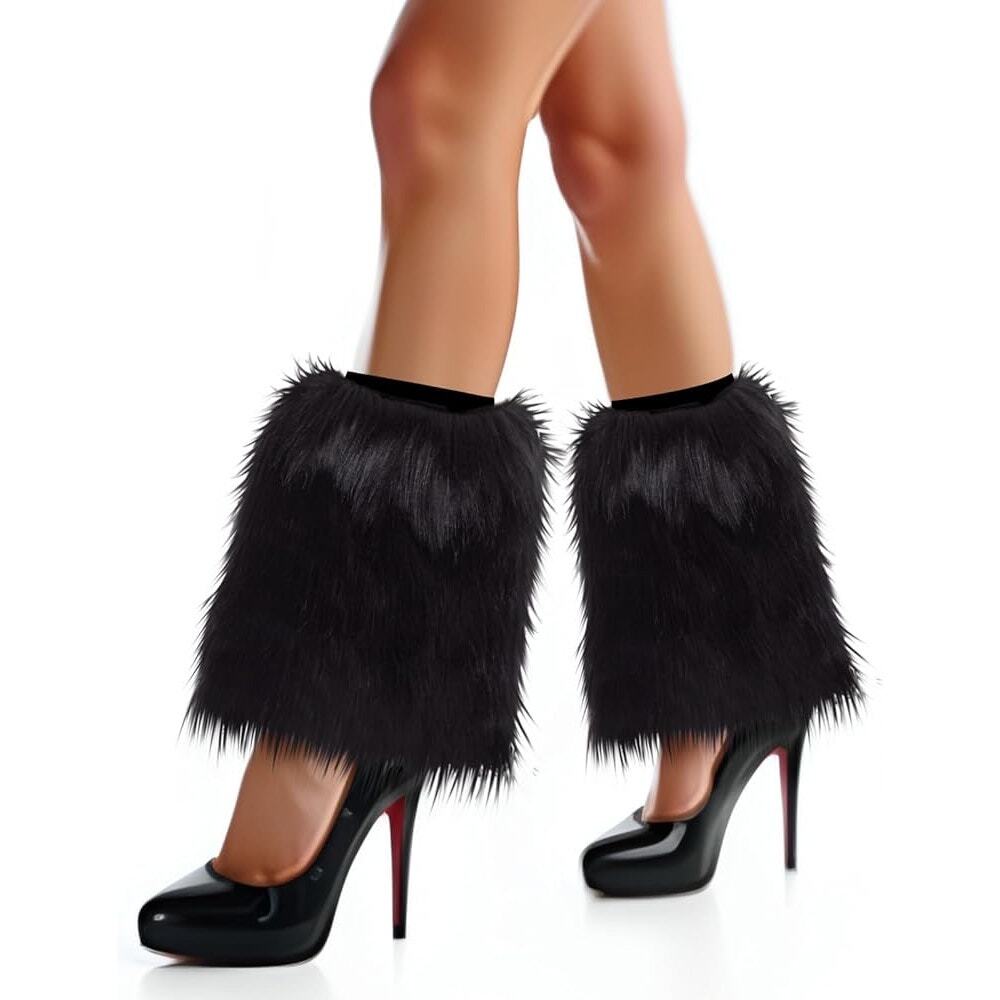 Black Women's Faux Fur Leg Warmers 9.5” Long - Picture 2 of 6